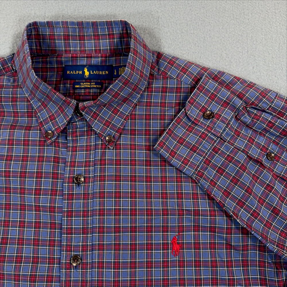Ralph Lauren Mens Classic Fit Plaid Button Down Shirt Blue Red Cotton Stretch LG